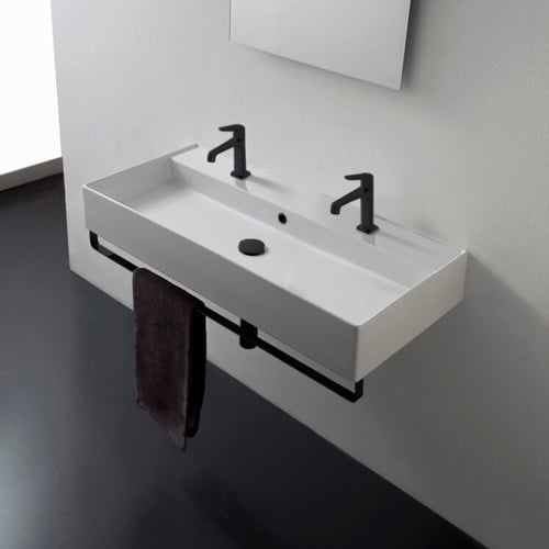 Wall Mounted Double Ceramic Sink With Black Towel Bar Scarabeo 8031/R-100B-TB-BLK
