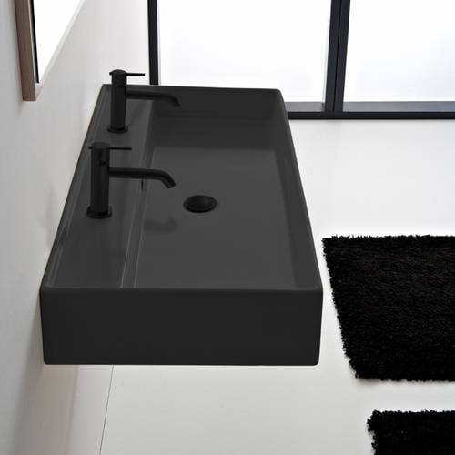 Black Ceramic Trough Wall Mounted or Vessel Sink Scarabeo 8031/R-120B-49