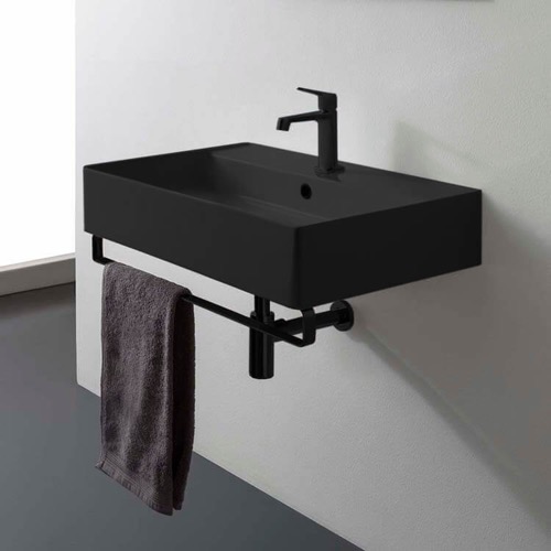 Black Ceramic Wall Mounted Sink With Black Towel Bar Black Ceramic Wall Mounted Sink With Black Towel Bar Scarabeo 8031/R-80-49-TB-BLK