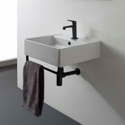 Square Wall Mounted Ceramic Sink With Black Towel Bar Scarabeo 8031/R-TB-BLK