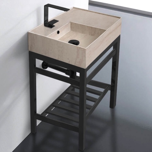 Small Modern Console Sink Vanity, Travertine Style Sink, 24 Inch Scarabeo 5114-E-CON2-BLK