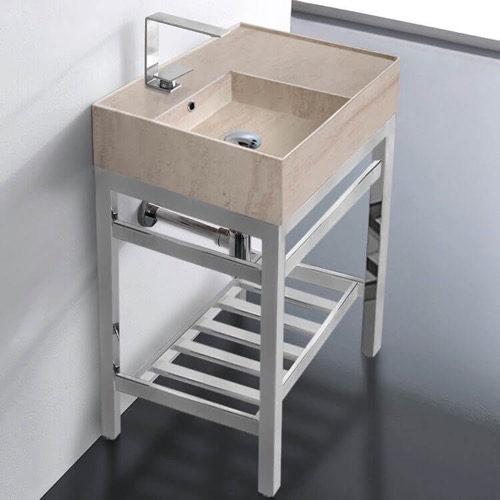 Small Modern Console Sink Vanity, Travertine Style Sink, 24 Inch Scarabeo 5114-E-CON2