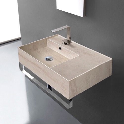 Beige Travertine Design Ceramic Wall Mounted Sink With Counter Space, Towel Bar Included Scarabeo 5114-E-TB
