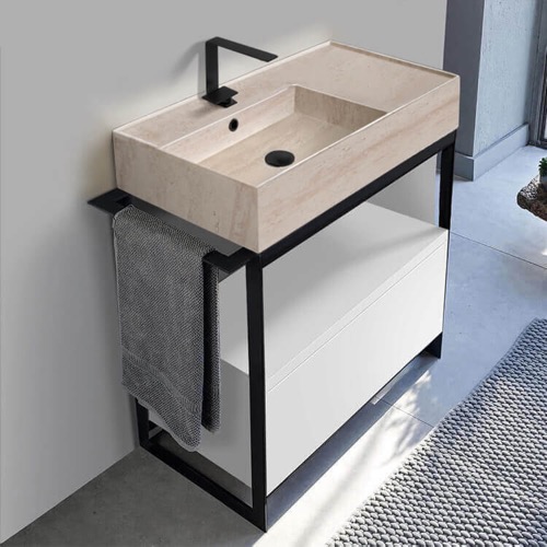 Modern  Console Vanity, Travertine Style Sink, 35 Inch Scarabeo 5115-E-SOL1-01