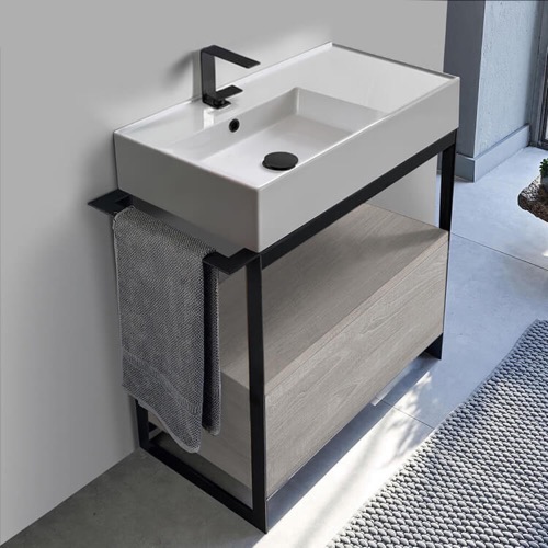 Modern  Console Vanity with Grey Oak Cabinet, 35 Inch Scarabeo 5115-SOL1-88