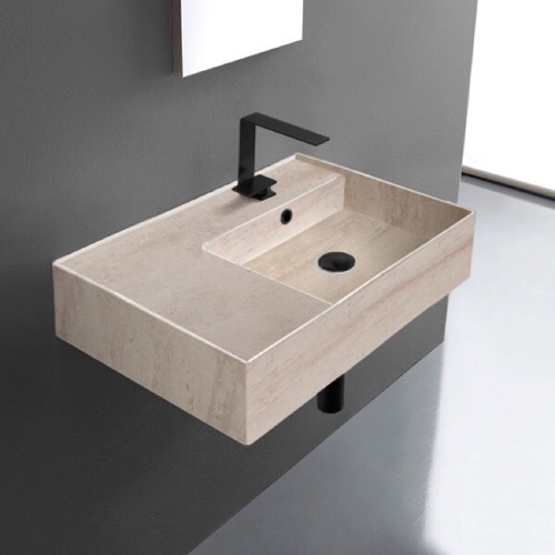 Beige Travertine Design Ceramic Wall Mounted or Vessel Sink With Counter Space Scarabeo 5117-E