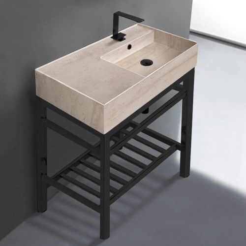 Modern Console Sink Vanity, Travertine Style Sink, 32 Inch Scarabeo 5118-E-CON2-BLK