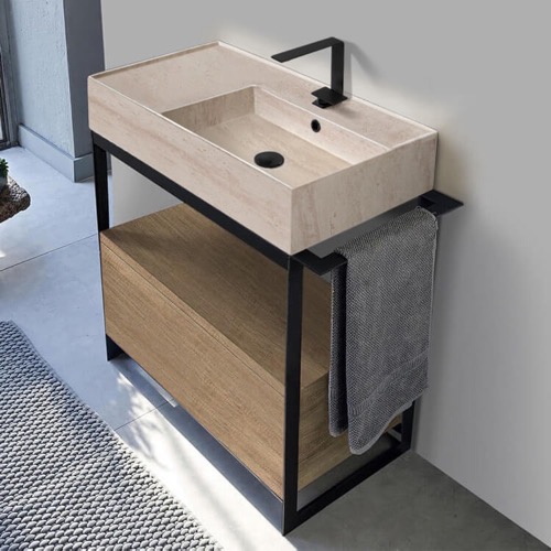 Modern  Console Vanity, Travertine Style Sink, 35 Inch Scarabeo 5118-E-SOL1-89