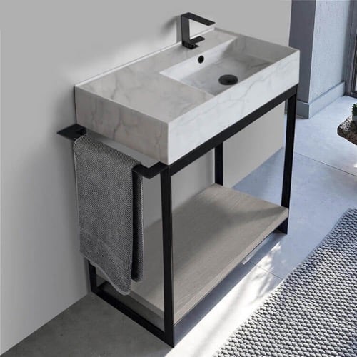 Modern  Console Vanity with Grey Oak Shelf, Marble Style Sink, 35 Inch Scarabeo 5118-F-SOL2-88