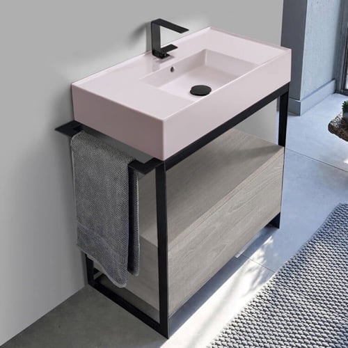 Modern  Console Vanity with Grey Oak Cabinet, Pink Ceramic Sink, 35 Inch Scarabeo 5123-54-SOL1-88
