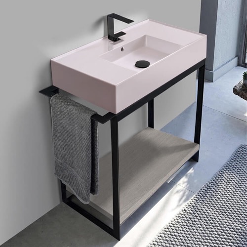Modern  Console Vanity with Grey Oak Shelf, Pink Ceramic Sink, 35 Inch Scarabeo 5123-54-SOL2-88