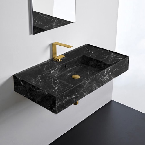 Black Marble Design Ceramic Wall Mounted or Vessel Sink With Counter Space Scarabeo 5123-G