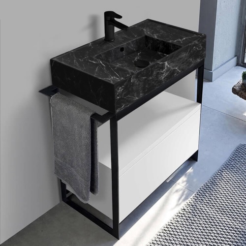Modern  Console Vanity, Black Marble Style Sink, 35 Inch Scarabeo 5123-G-SOL1-01
