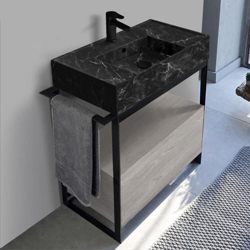 Modern  Console Vanity with Grey Oak Cabinet, Black Marble Style Sink, 35 Inch Scarabeo 5123-G-SOL1-88