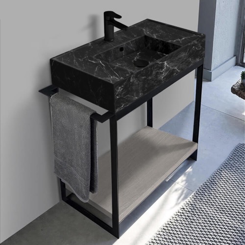 Modern  Console Vanity with Grey Oak Shelf, Black Marble Style Sink, 35 Inch Scarabeo 5123-G-SOL2-88