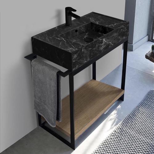 Modern  Console Vanity, Black Marble Style Sink, 35 Inch Scarabeo 5123-G-SOL2-89