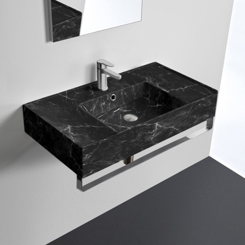 Black Marble Design Wall Mounted Sink With Black Towel Bar Scarabeo 5123-G-TB