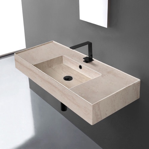 Beige Travertine Design Ceramic Wall Mounted or Vessel Sink With Counter Space Scarabeo 5124-E