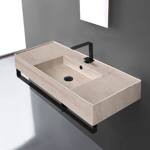 Beige Travertine Design Ceramic Wall Mounted Sink With Black Towel Bar Scarabeo 5124-E-TB-BLK