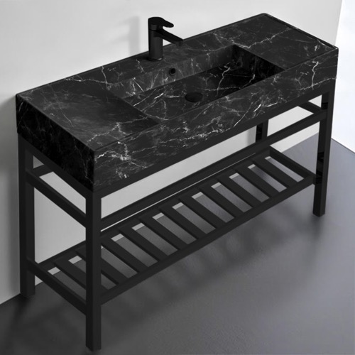 Console Sink - Metal Black Stand, Modern, 48 Inch, Marble Ceramic Sink Scarabeo 5125-G-CON2-BLK