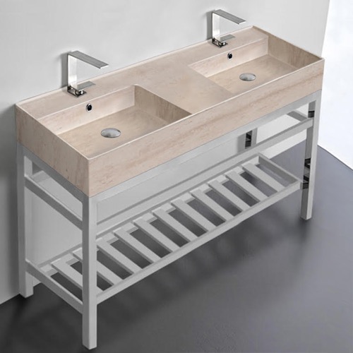 Modern Double Console Sink Vanity, Travertine Style Sink, 48 Inch Scarabeo 5143-E-CON2