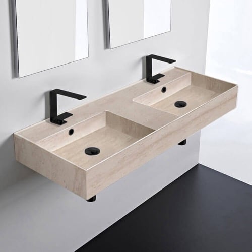 Beige Travertine Design Ceramic Wall Mounted or Vessel Double Sink With Counter Space Scarabeo 5143-E