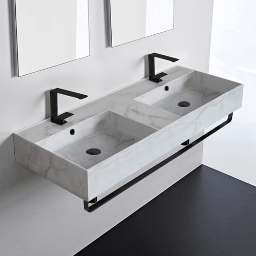 Marble Design Ceramic Wall Mounted Double Sink With Black Towel Holder Scarabeo 5143-F-TB-BLK