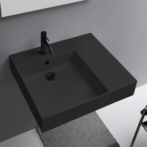 Black Ceramic Wall Mounted or Vessel Sink With Counter Space Scarabeo 5147-49