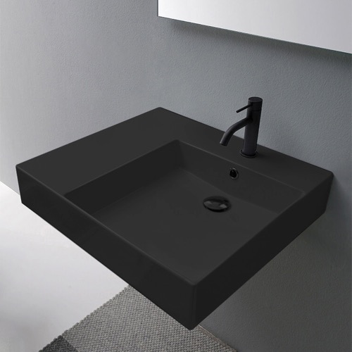 Black Ceramic Wall Mounted or Vessel Sink With Counter Space Scarabeo 5148-49