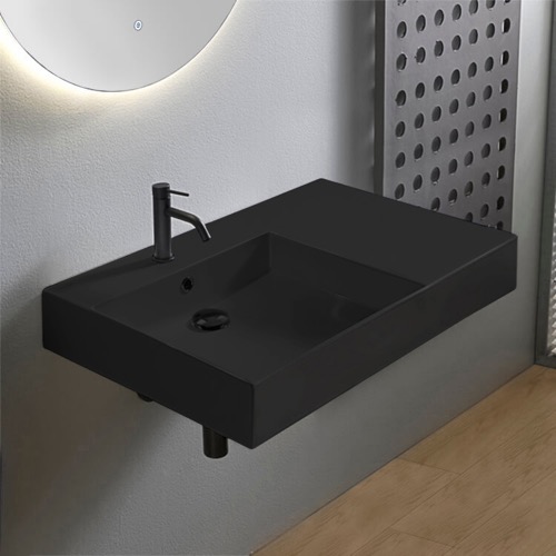 Black Ceramic Wall Mounted or Vessel Sink With Counter Space Scarabeo 5149-49