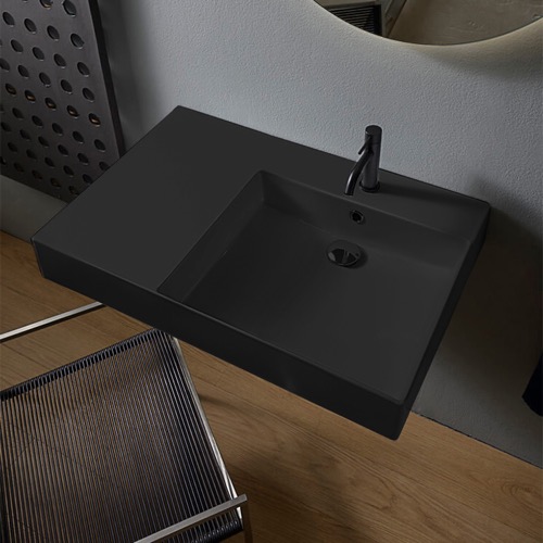 Black Ceramic Wall Mounted or Vessel Sink With Counter Space Scarabeo 5150-49