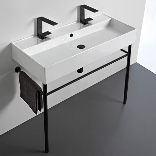 Double Trough Console Sink, Modern, 40 Inch Scarabeo 8031/R-100B-CON-BLK