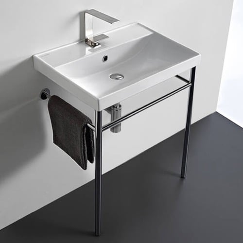 Rectangular Ceramic Console Sink and Polished Chrome Stand, 24