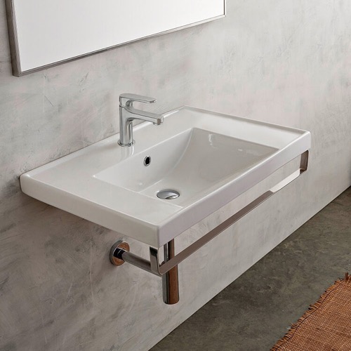 Rectangular Wall Mounted Ceramic Sink With Polished Chrome Towel Bar Scarabeo 3005-TB