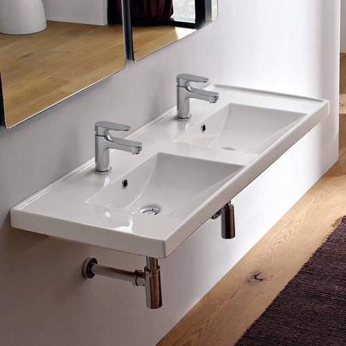 Rectangular Double White Ceramic Drop In or Wall Mounted Bathroom Sink Scarabeo 3006