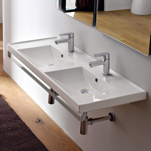 Double Basin Wall Mounted Ceramic Sink With Polished Chrome Towel Bar Scarabeo 3006-TB