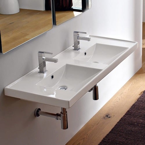 Rectangular Double White Ceramic Drop In or Wall Mounted Bathroom Sink Scarabeo 3006