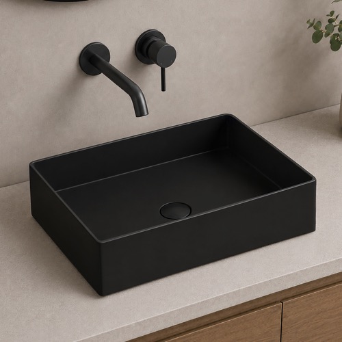 Vessel Sink - 24 Inch, Black, Square, Modern, Ceramic Scarabeo 5101-49