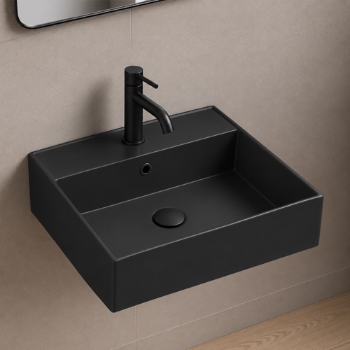 Wall Mount Sink - 18 Inch, Ceramic Rectangular, Modern, Matte Black Scarabeo 5104-49