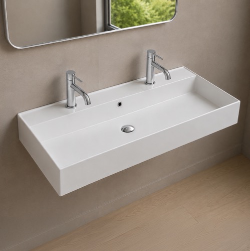 Wall Mount Sink - Trough, Double, Ceramic, Modern, 40 Inch Scarabeo 5106/R-100B