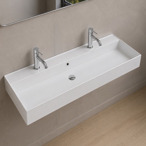 Wall Mount Sink - Trough, Double, 48 Inch, Modern, Ceramic Scarabeo 5107/R-120B