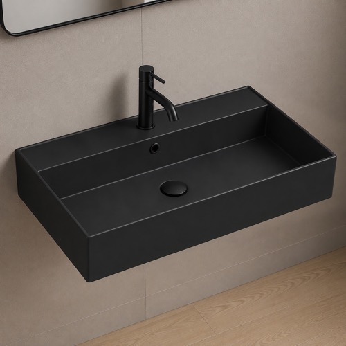 Wall Mount Sink - 32 Inch, Ceramic Rectangular, Modern, Matte Black Scarabeo 5110-49