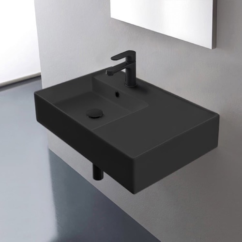 Black Ceramic Wall Mounted or Vessel Sink With Counter Space Scarabeo 5114-49