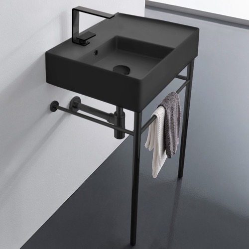 Matte Black Ceramic Console Sink and Matte Black Stand, 24