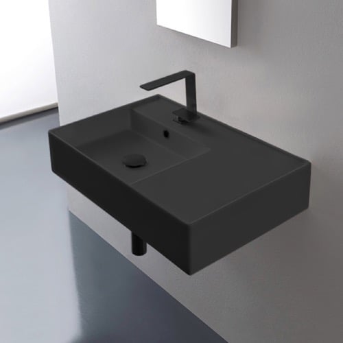 Matte Black Ceramic Wall Mounted or Vessel Sink With Counter Space Scarabeo 5114-49