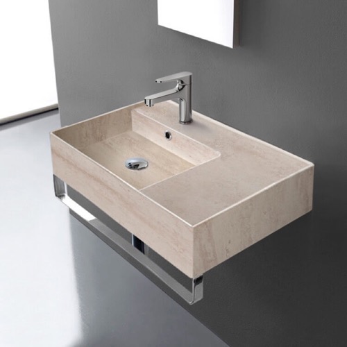 Beige Travertine Design Ceramic Wall Mounted Sink With Counter Space, Towel Bar Included Scarabeo 5114-E-TB
