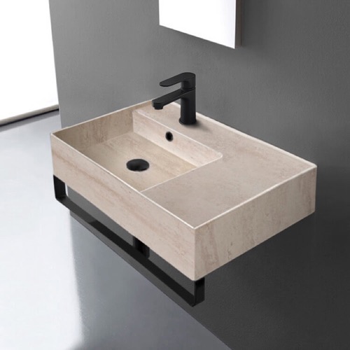 Beige Travertine Design Ceramic Wall Mounted Sink With Black Towel Bar Scarabeo 5114-E-TB-BLK