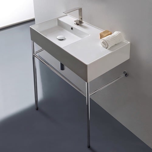 Rectangular Ceramic Console Sink and Polished Chrome Stand, 32