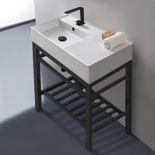Modern Ceramic Console Sink With Counter Space and Matte Black Base, 32 Inch Scarabeo 5115-CON2-BLK
