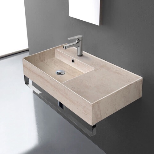 Beige Travertine Design Ceramic Wall Mounted Sink With Counter Space, Towel Bar Included Scarabeo 5115-E-TB